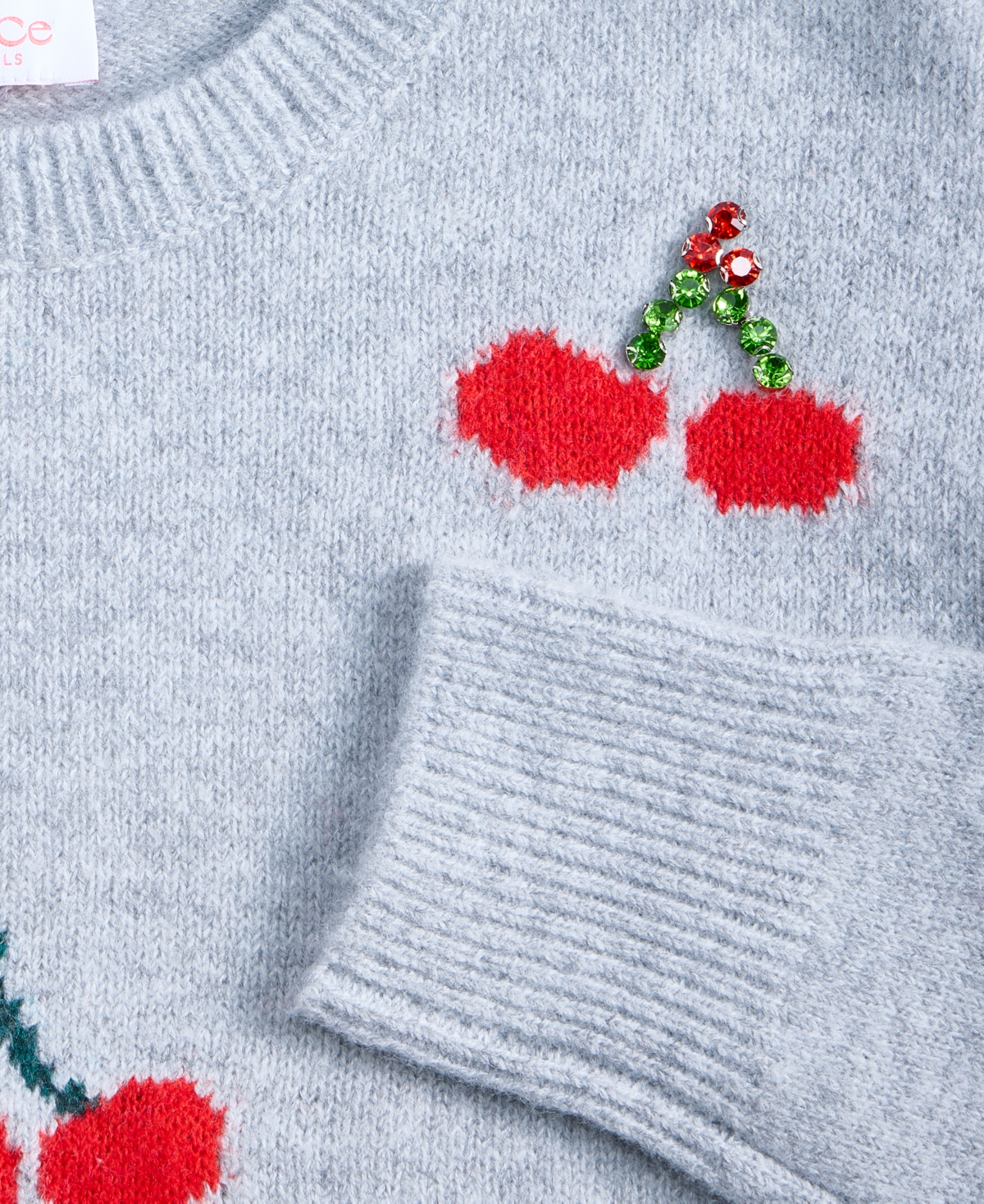 Cece Girls 7-16 Crewneck Cherries Pullover Sweater In Gray