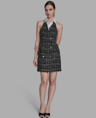 Women's Plaid Boucle Twofer Halter Neck Dress