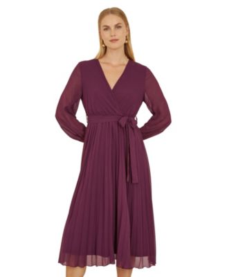 Women's Long Sleeved Pleated Midi Wrap Dress