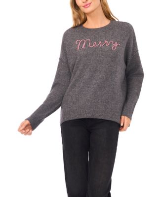 Women's "Merry" Candy Cane Script Crewneck Long-Sleeve Sweater