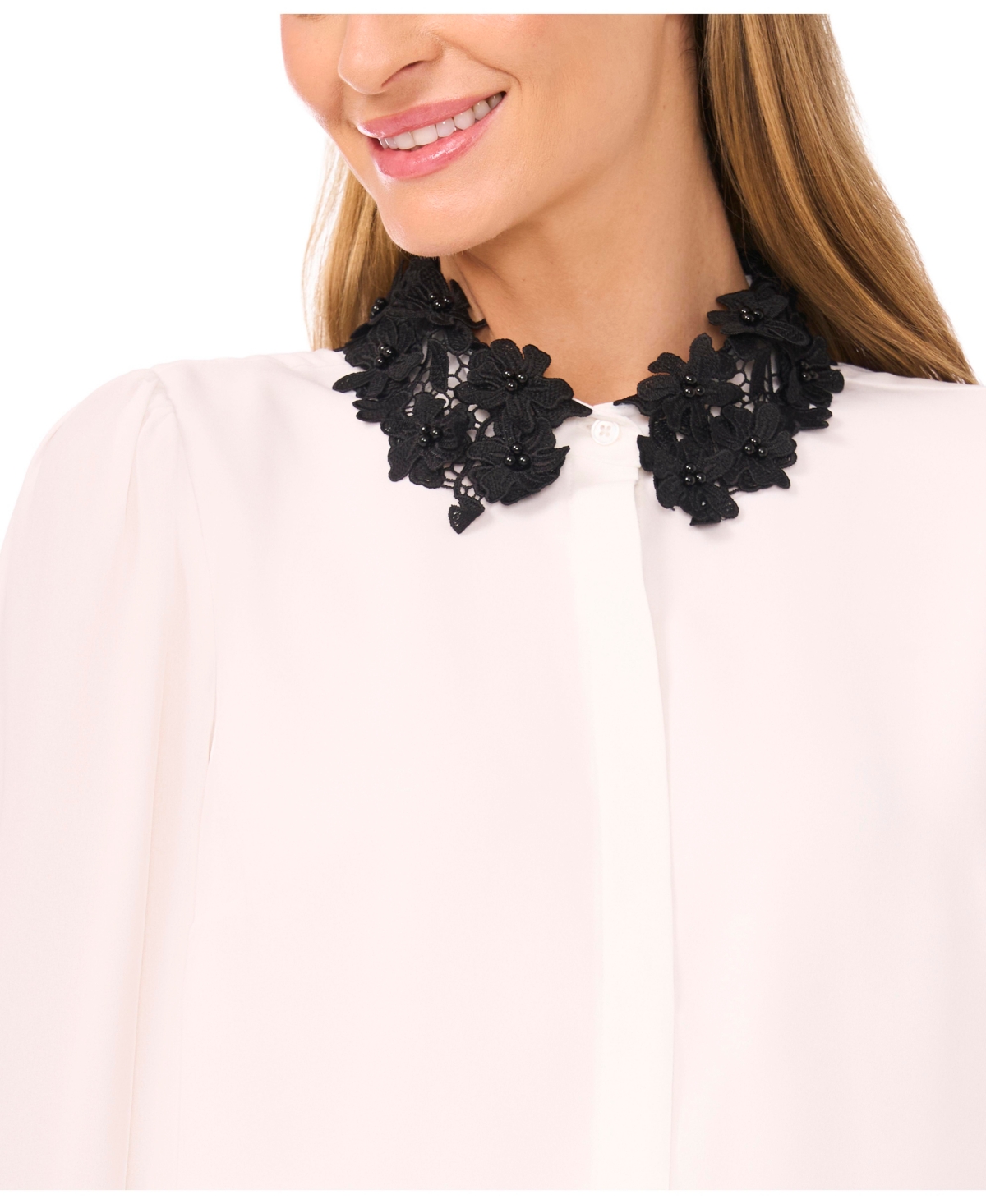 Cece Women's Long Sleeves Applique Button Up Shirts In White