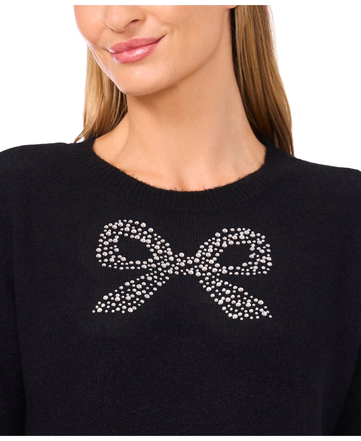 Cece Women's Sequin Bow Long Sleeves Sweater In Black