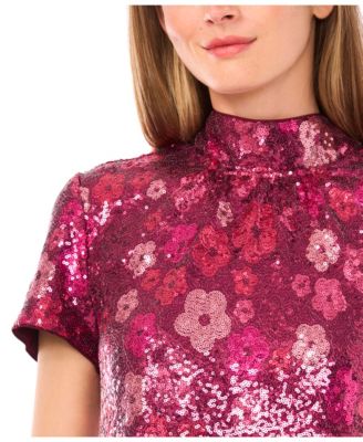 Women's Short Sleeves Mock Neck Sequin Top