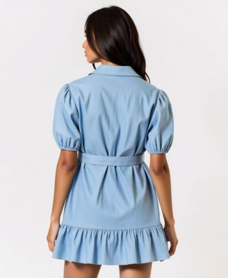 Women's 100% Cotton Belted Puff-Sleeve Mini Dress