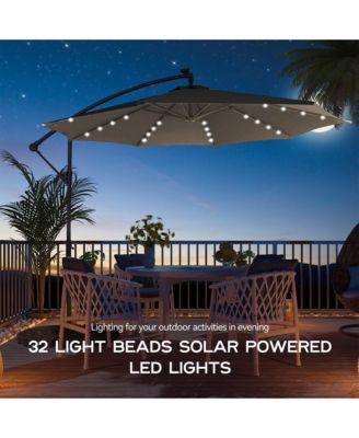 11FT Solar Offset Umbrella with 32 LED Lights Cantilever Hanging Outdoor Umbrellas Handy Crank & Cross Base for