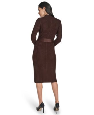 Women's Long Sleeve Mock Neck Belted Midi Sweater Dress