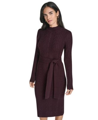 Women's Long Sleeve Mock Neck Belted Midi Sweater Dress