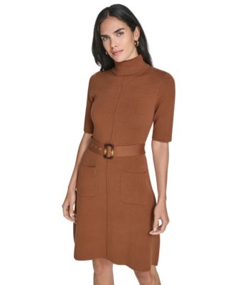 Women's Turtle Neck Elbow Sleeve Belted Dress