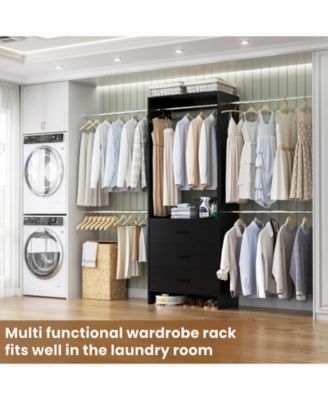 3 Wood Drawers and 4 Retractable Hanging Rods Adjustable Closet System