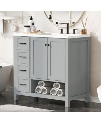 36&amp;#x22; Solid Wood and MDF Bathroom Vanity with Sink Top, Cabinet Doors, Drawers and Open Shelf