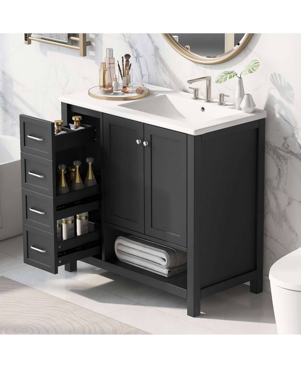 Casainc 36" Bathroom Vanity with Sink Top, Cabinet Two Doors, Drawers and Open Shelf, Solid Wood Mdf, One Package
