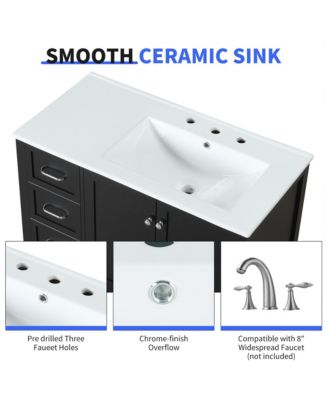 36" Solid Wood and MDF Bathroom Vanity with Sink Top, Cabinet Doors, Drawers and Open Shelf