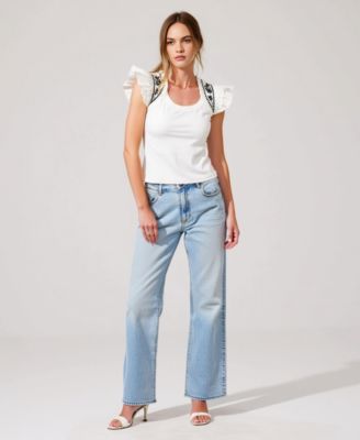 Women's Ruffled Cap Sleeve Embroidered Knit Top