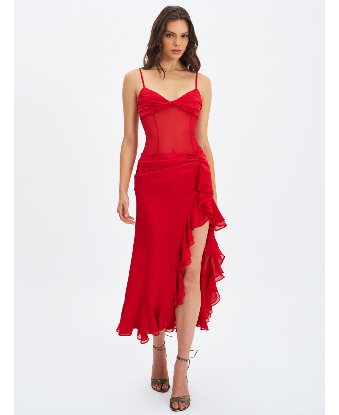 Женское платье Miss Circle Dahlina Red Ruched Waist High Slit Maxi, цвет: Красный — фото 2