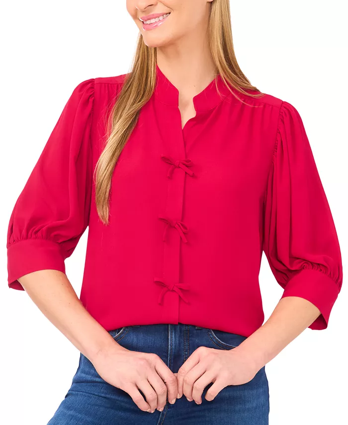 Women's Mutton Sleeve Bow Placket Top