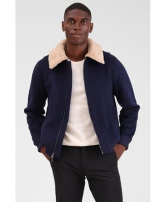 Men's Wool Blend Faux Fur Collared Bomber Jacket