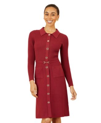 Women's Belted Rib Knit Midi Dress With Pockets