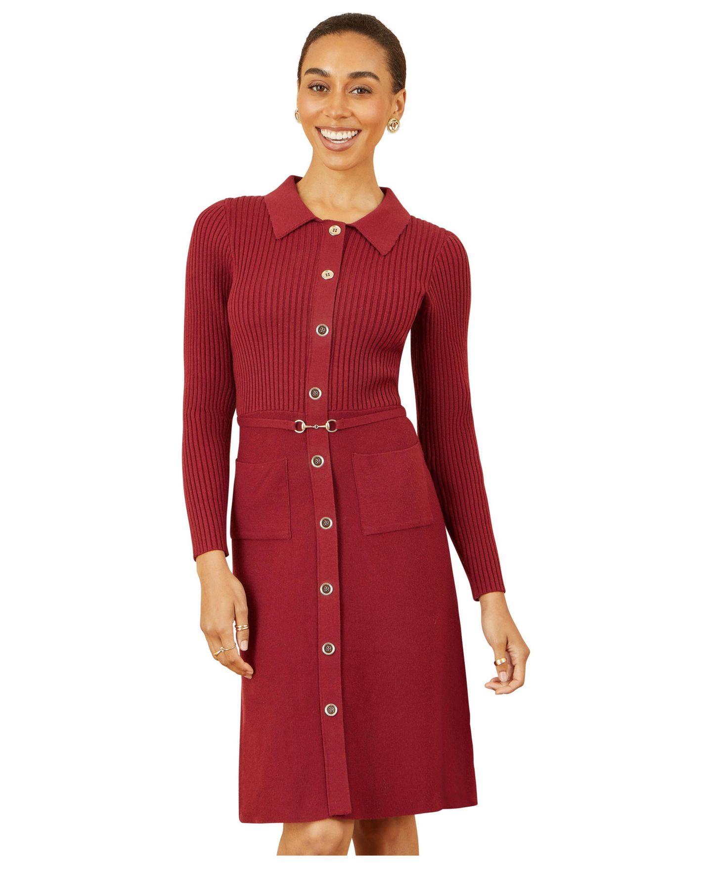 Женское платье Yumi Belted Rib Knit Midi With Pockets, цвет: Бордовый — фото 3