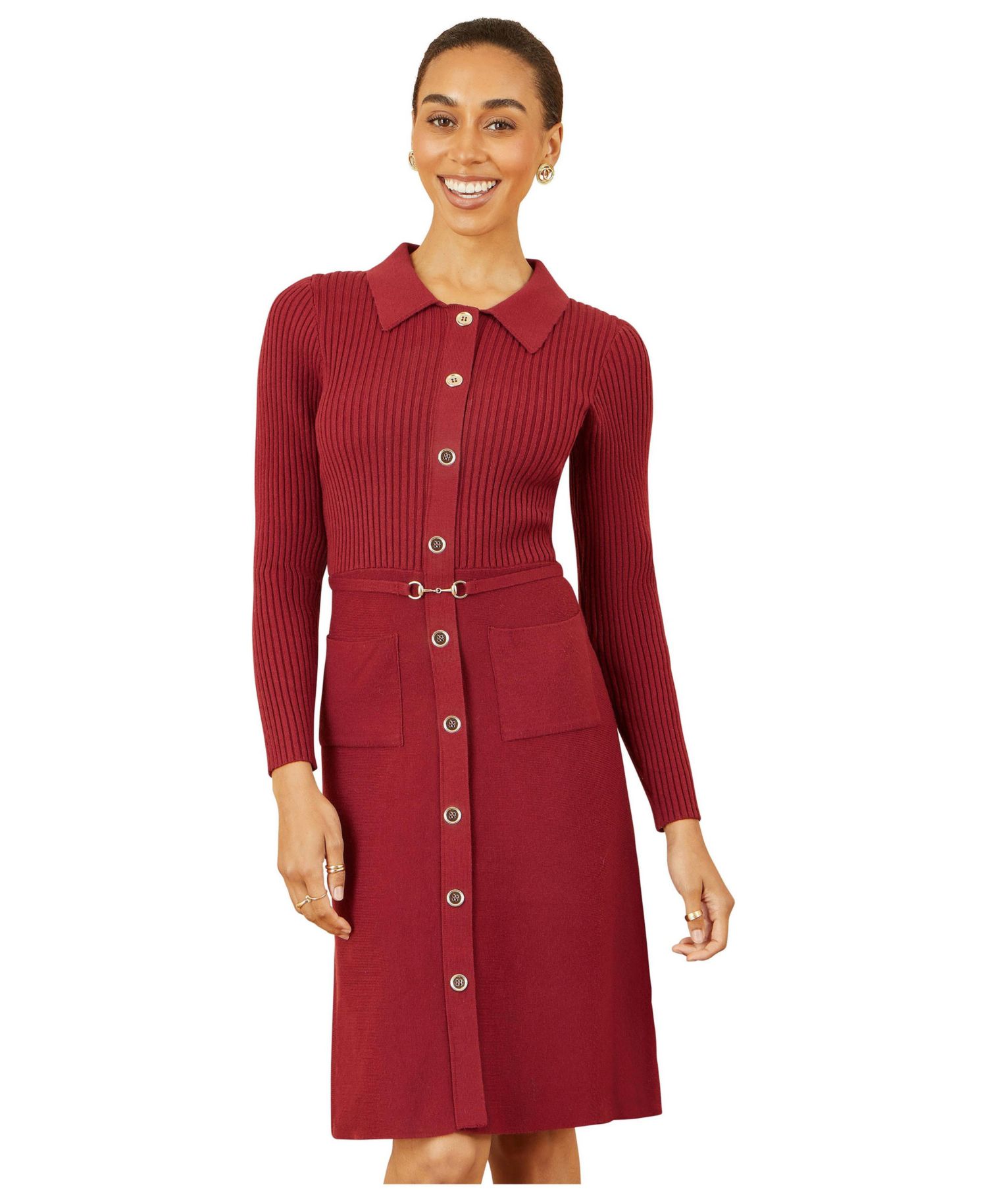 Women's Belted Rib Knit Midi Dress With Pockets