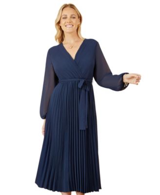 Women's Long Sleeved Pleated Midi Wrap Dress