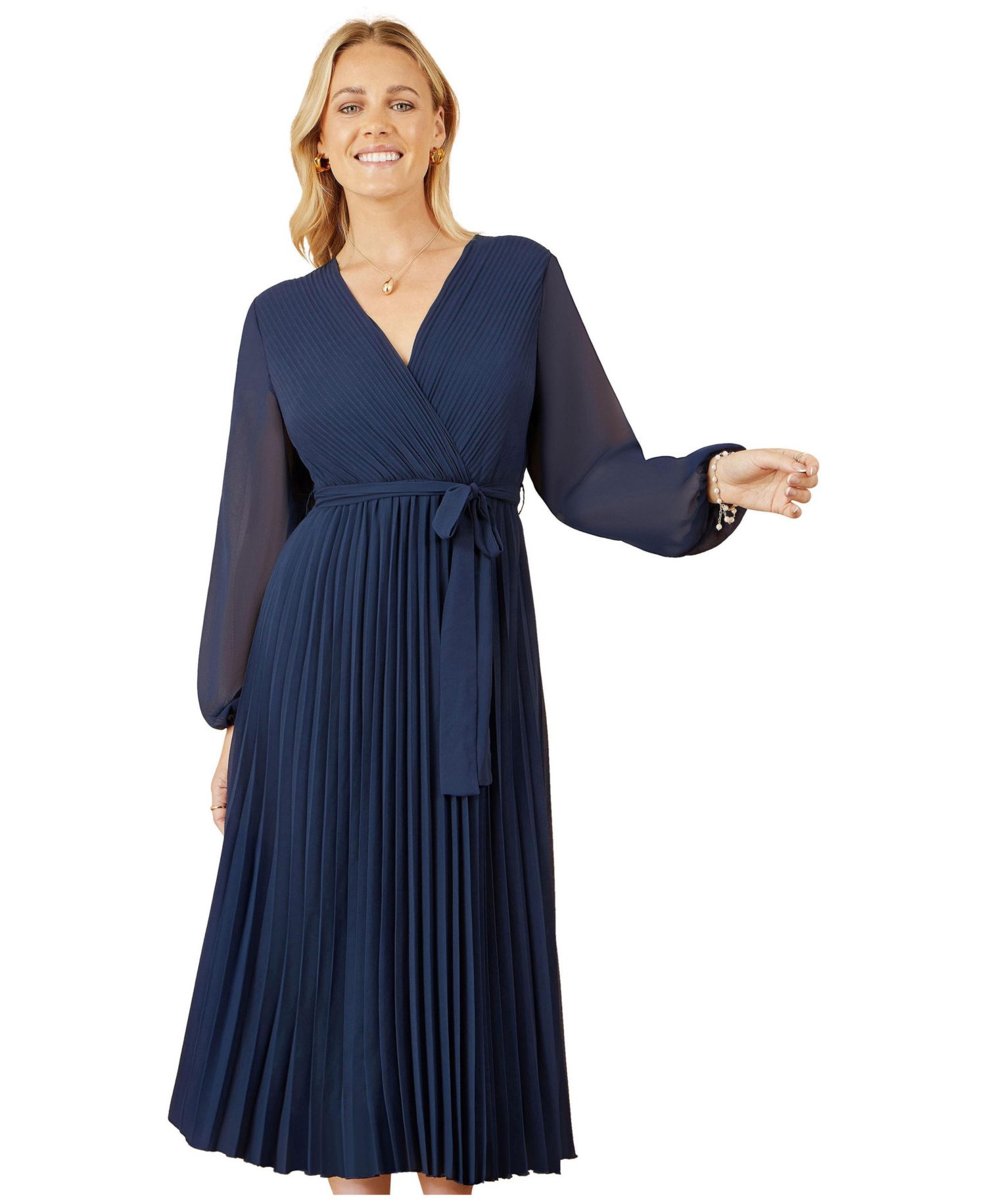 Women's Long Sleeved Pleated Midi Wrap Dress