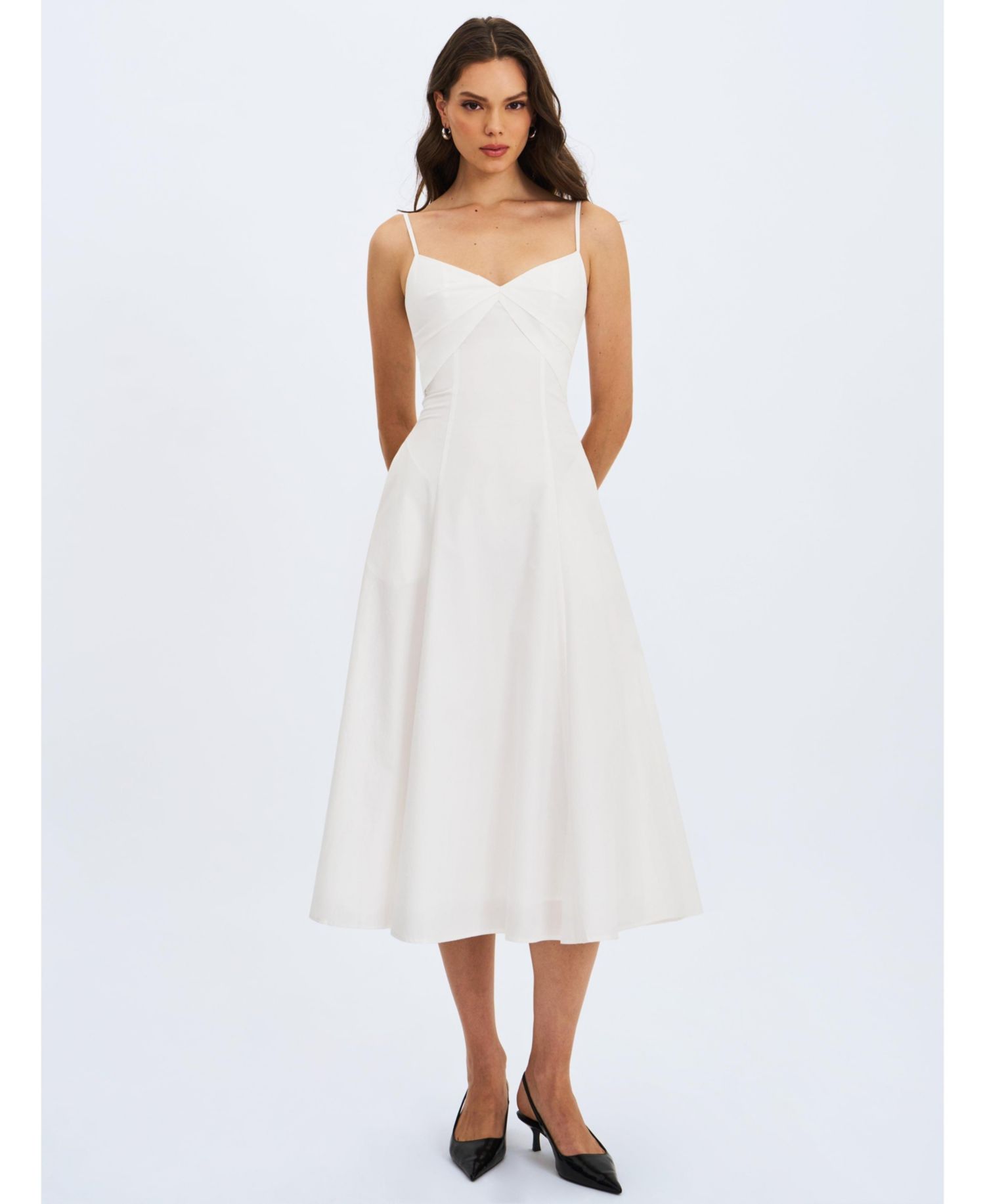 Women's Corinne White Poplin Flared Maxi Dress with Removable Bow