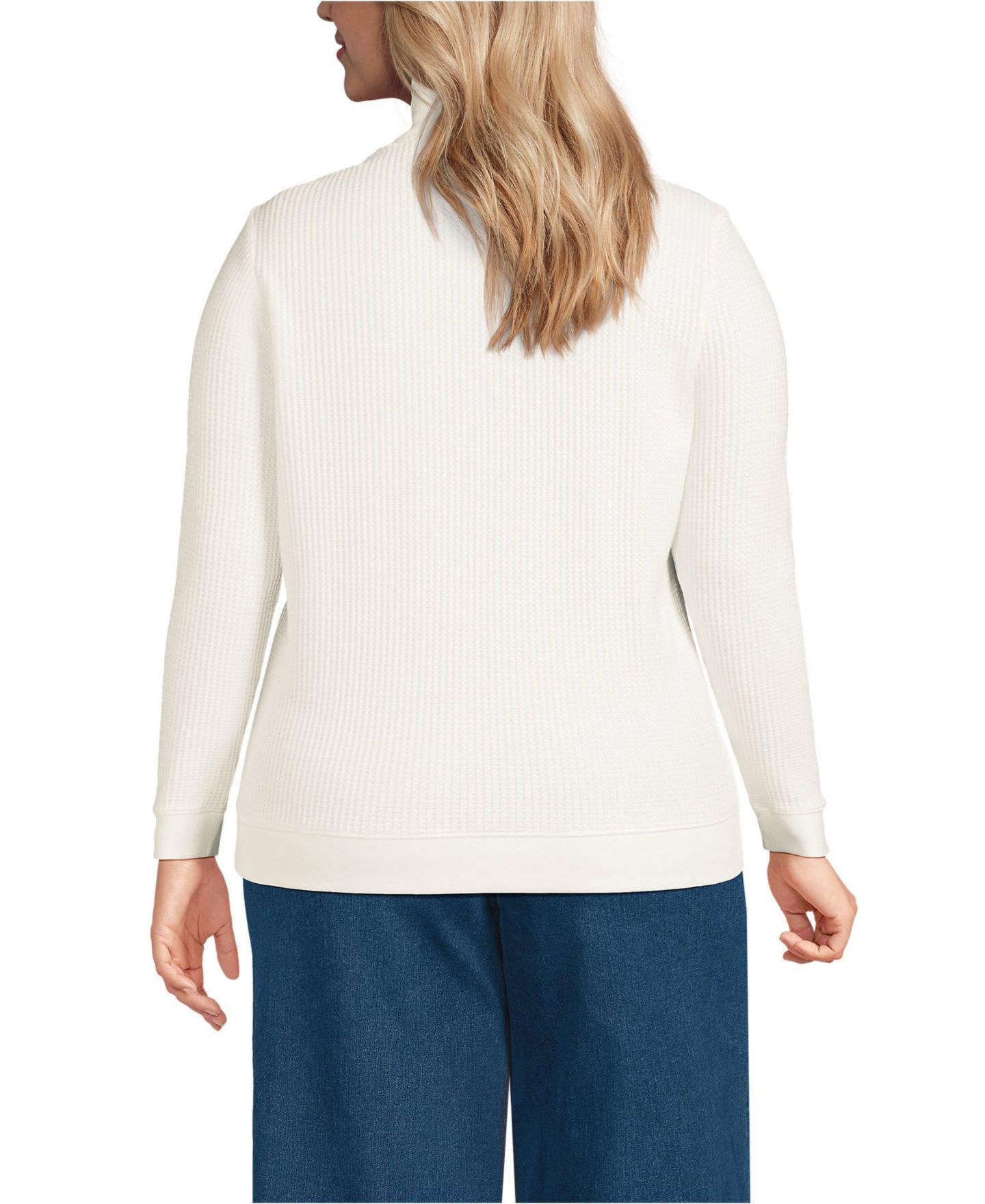 Женский свитер Lands' End Plus Size Long Sleeve Waffle Quarter Zip Pullover, цвет: Слоновая кость — фото 3