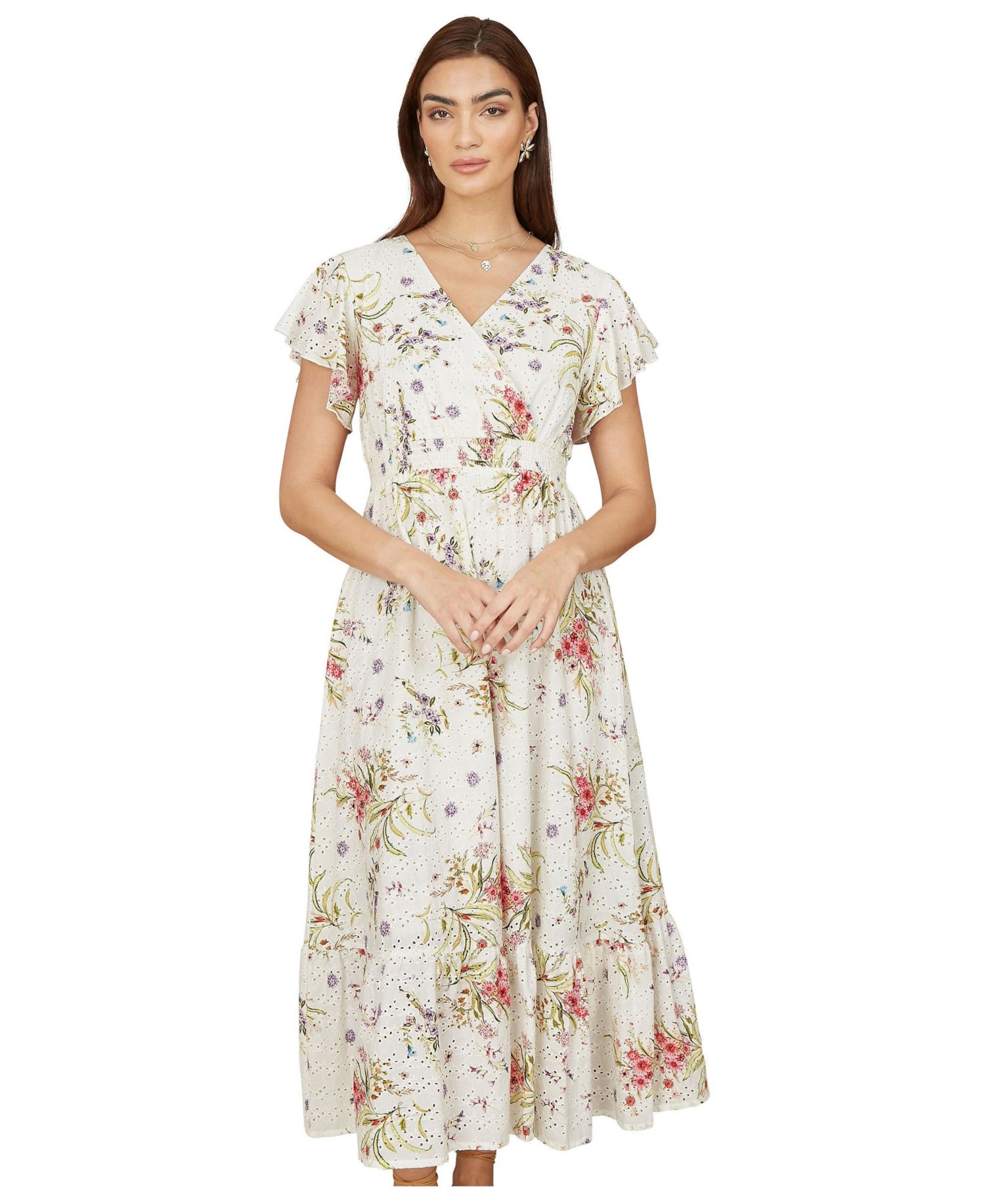 Women's Floral Broderie Anglaise Wrap Midi Dress