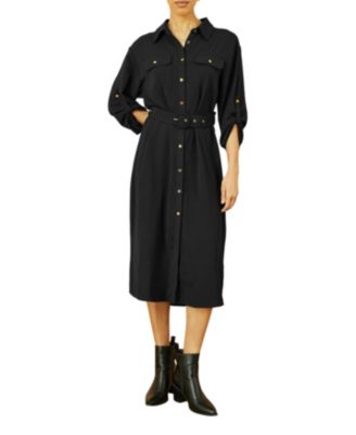 Women's 3/4 Sleeve Belted Midi Shirt Dress
