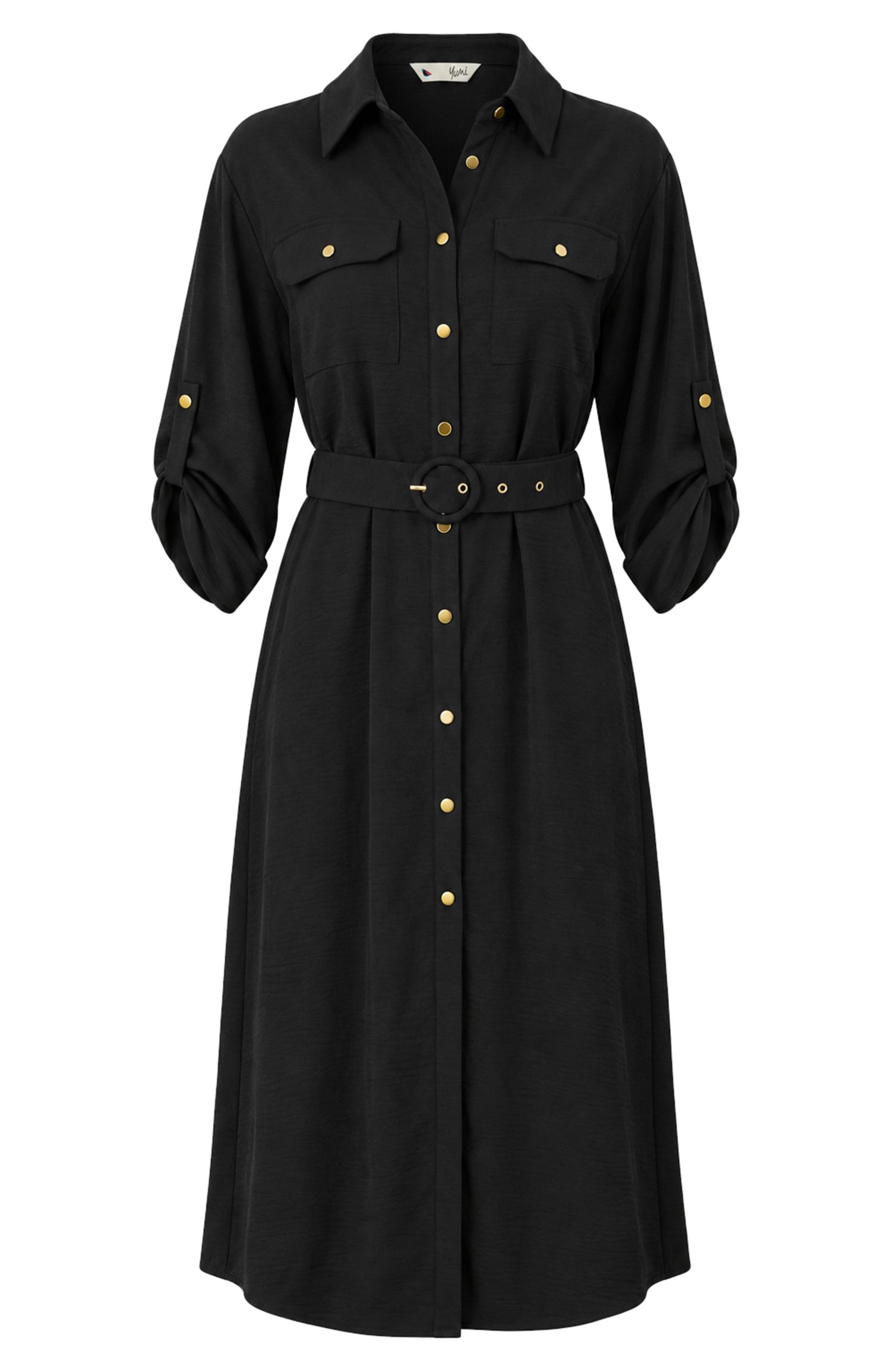 Women's 3/4 Sleeve Belted Midi Shirt Dress