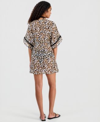Juniors' Leaf-Trim Leopard-Print Cover-Up Kimono, Macy's Exclusive