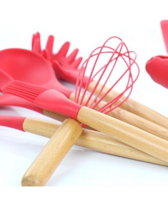 Red Silicone and Wood Cooking Utensils, Set of 12