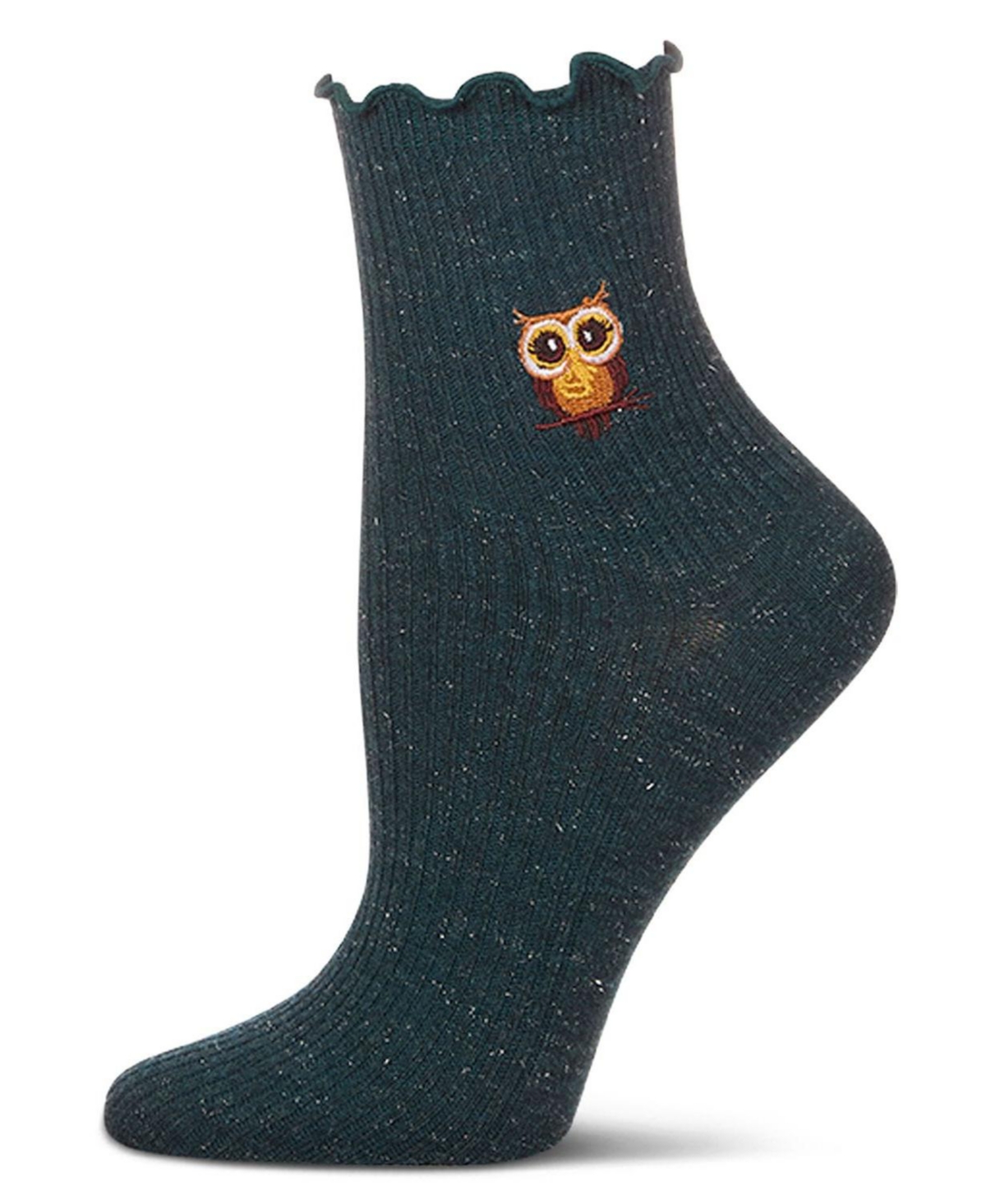 MeMoi Women's Ribbed Cotton Blend Lettuce Edge Embroidered Owl Crew Sock