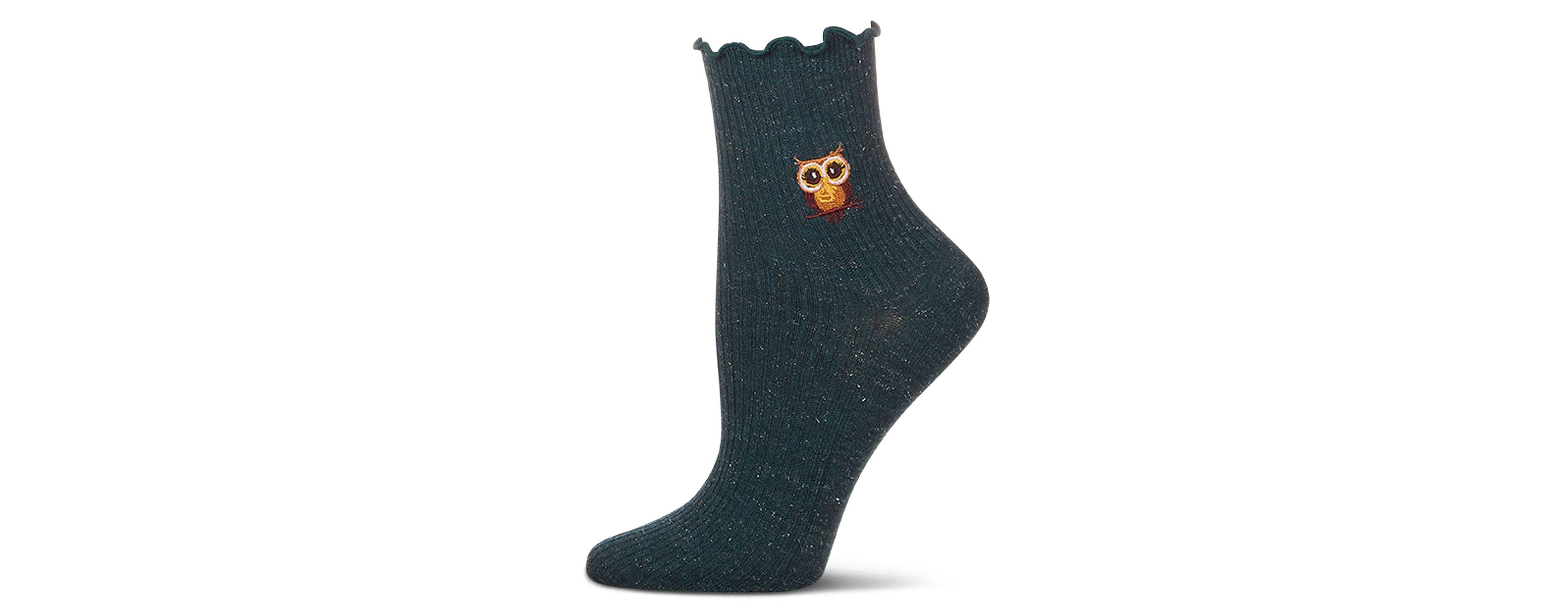 MeMoi Women's Ribbed Cotton Blend Lettuce Edge Embroidered Owl Crew Sock
