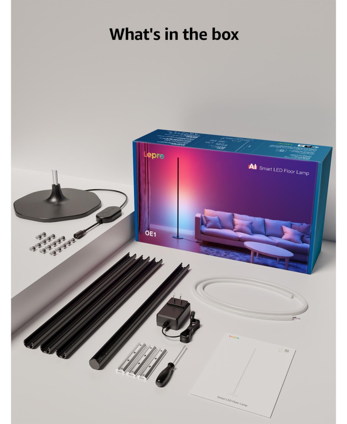 Lepro OE1 55 in. Smart Rgbww Black Standard Floor Lamp, 1000 Lm Dimmable Color Changing Accent Light for bedroom living room