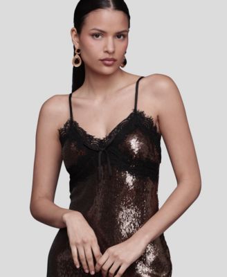 Women's Lace Trim Sequin V-Neck Midi Dress