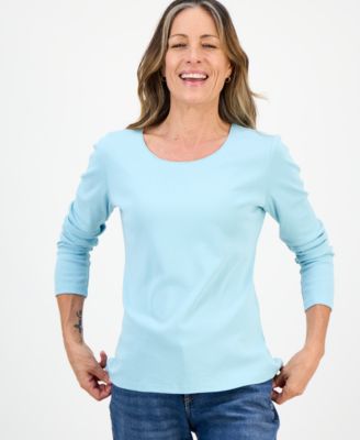 Petite Scoop-Neck Long-Sleeve Cotton Top, Created for Macy's 