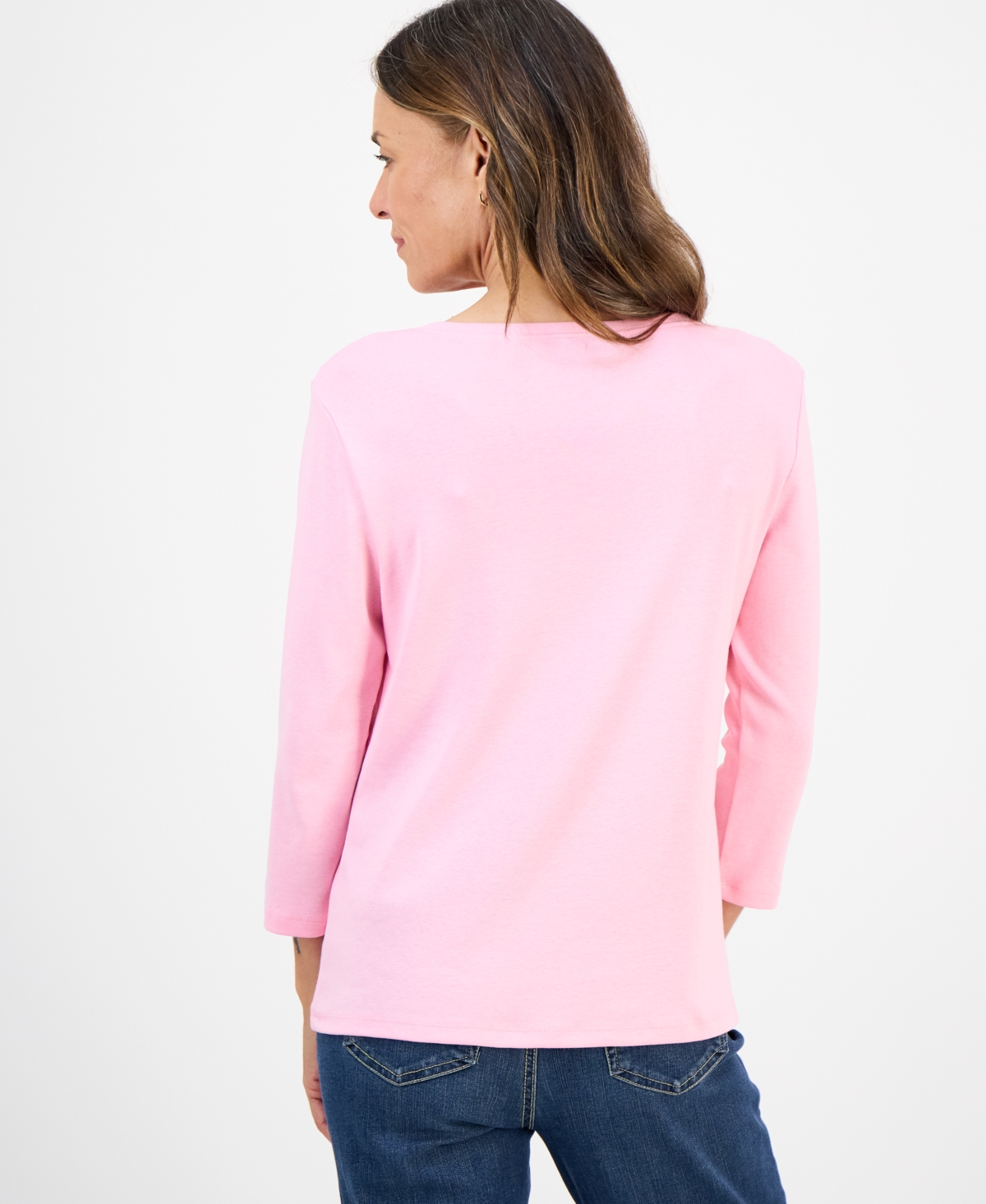 Style & Co Petite Cotton Knit Henley 3/4-sleeve Top, Created For Macy's In Pink
