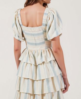 Women's Puff-Sleeve Smocked Bodice Tiered Maxi Dress