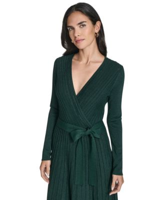 Petite Long Sleeve Wrap Bodice Fit and Flare Midi Dress