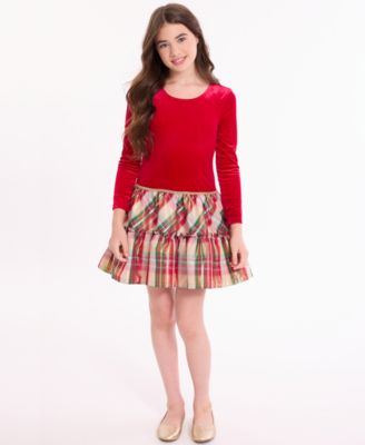 Girls' 7-16 Long-Sleeve Plaid Drop Waist Dress