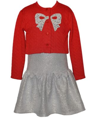 Girls' 2T-6X Foiled Knit Dress and Bow Cardigan, 2-Piece Set