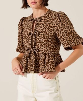 Women's Leopard-Print Front-Tie Puff-Sleeve Peplum Top