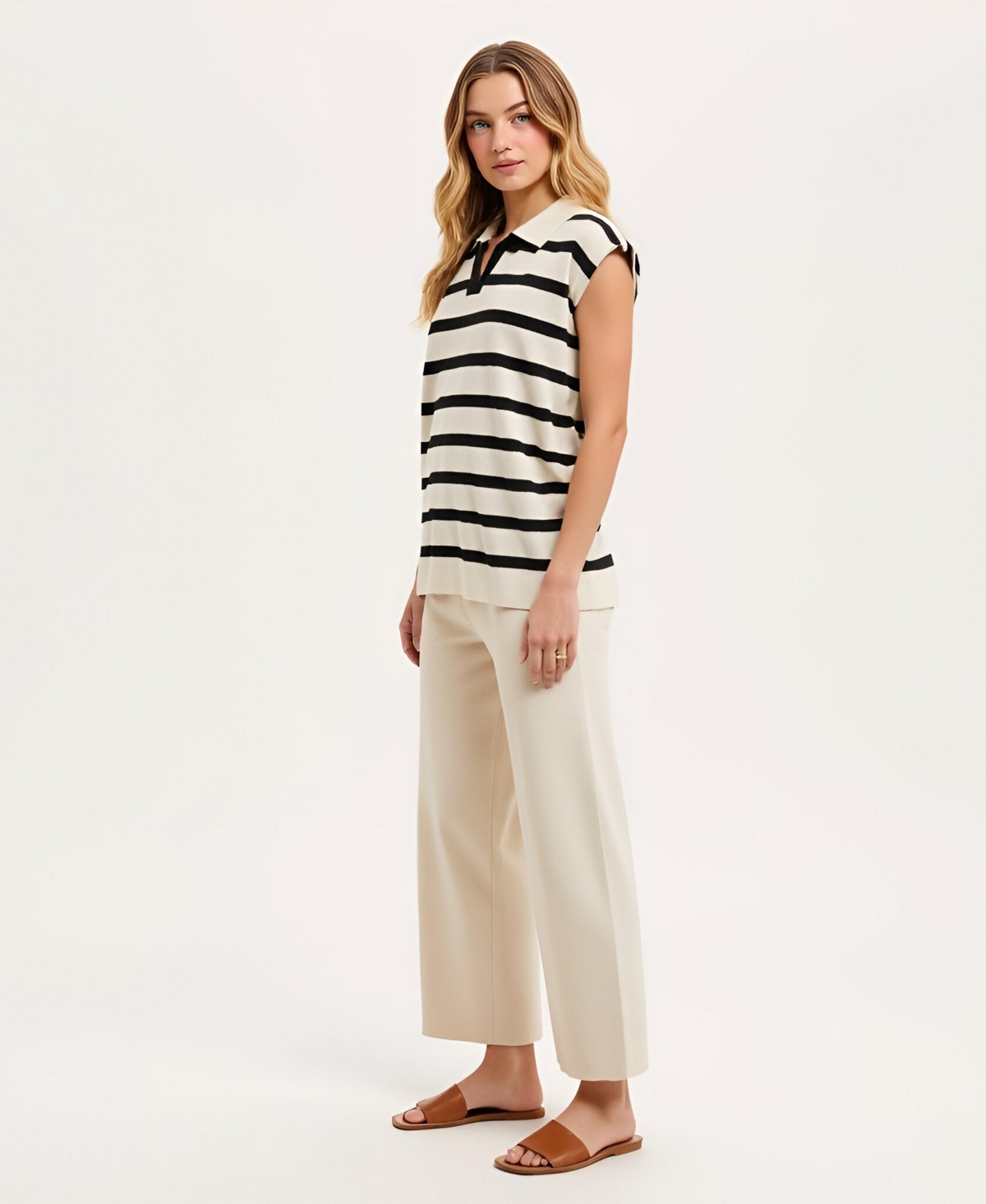 Modenaire Women's Cap Sleeve Striped Knit Polo Top