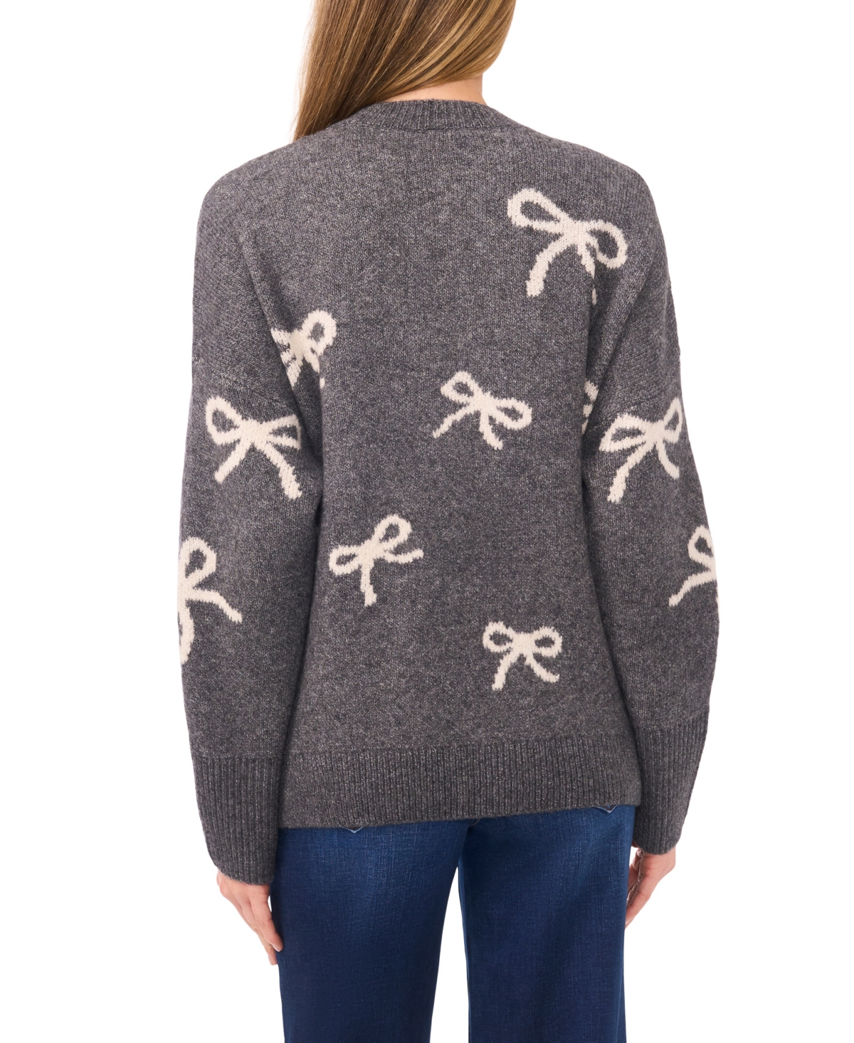 Cece Bow Jacquard Crewneck Sweater In Gray