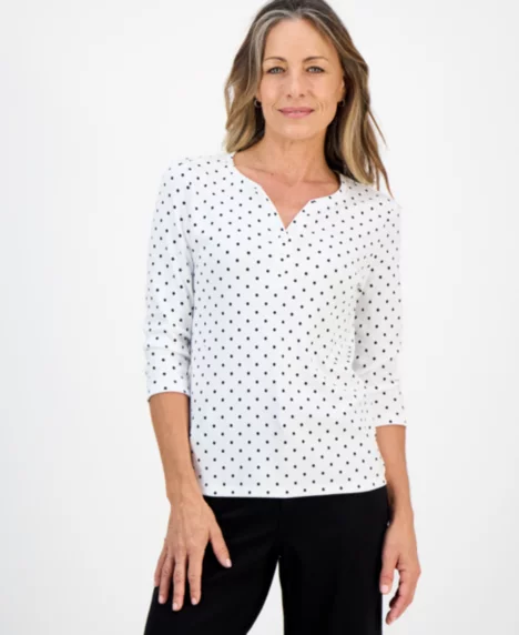 Petite Polka-Dot Henley 3/4-Sleeve T-Shirt - Bright White Combo