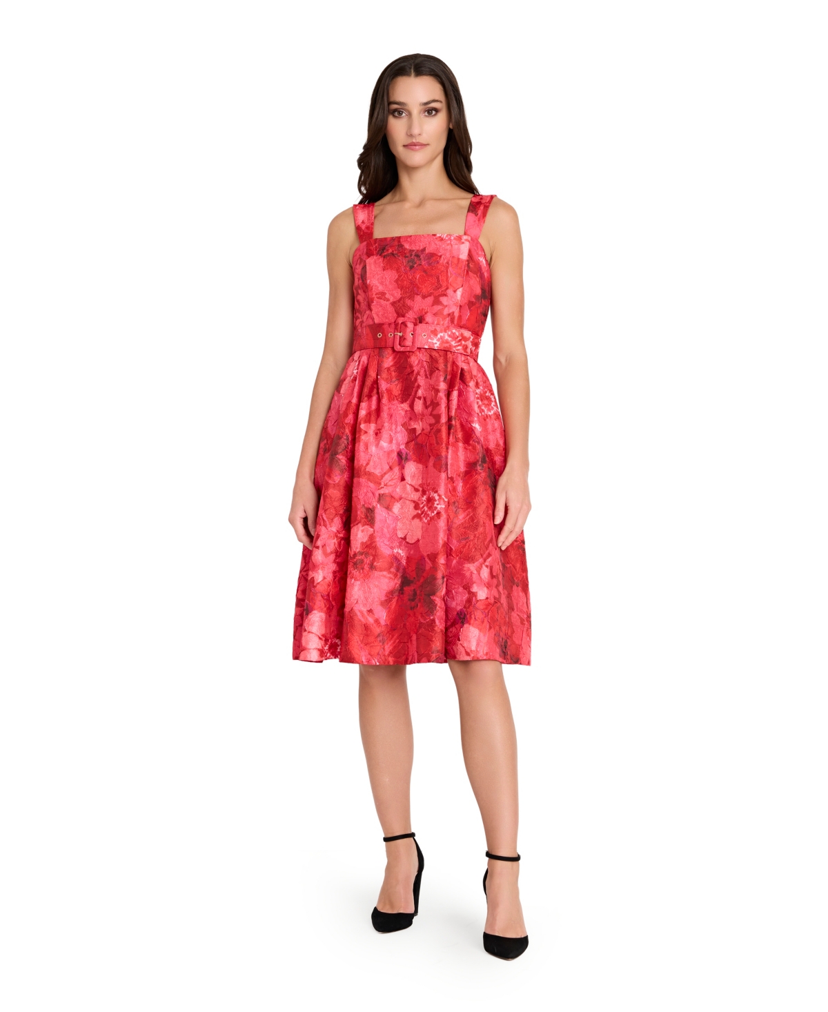 Tahari Asl Women's Square Neck Printed Jacquard Fit And Flare Dress In Red