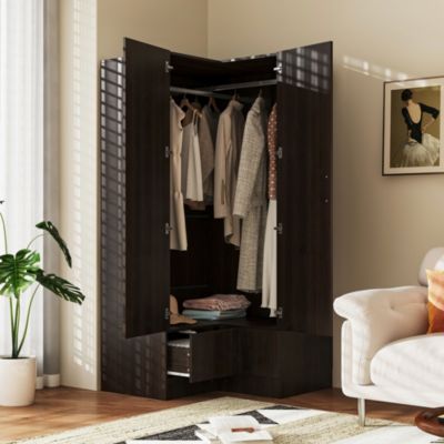 1Pc Wood 2-Drawer & 2-Hold Bar, L-Shaped Corner Wardrobe Armoire
