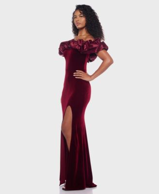 Juniors' Velvet Ruffled Off-The-Shoulder Gown