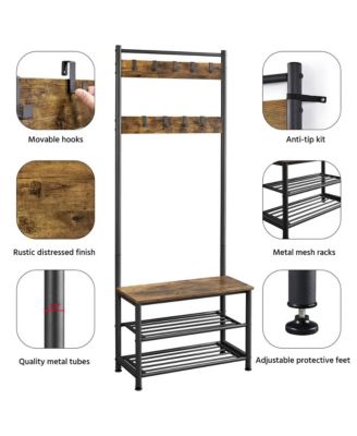 73” H Metal Hall Tree with Shoe Storage Bench Entryway Coat Rack